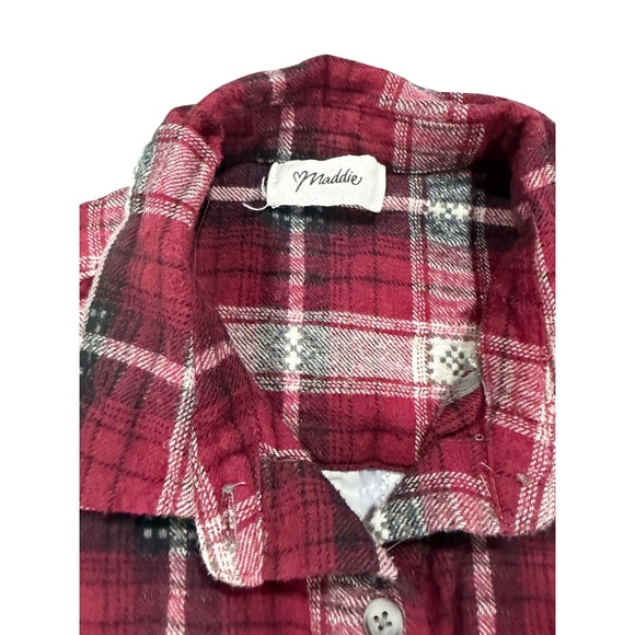 Maddie Red Plaid Flannel Button Down Shirt Lace Back Floral Embroidered Womens S - Picture 3 of 8